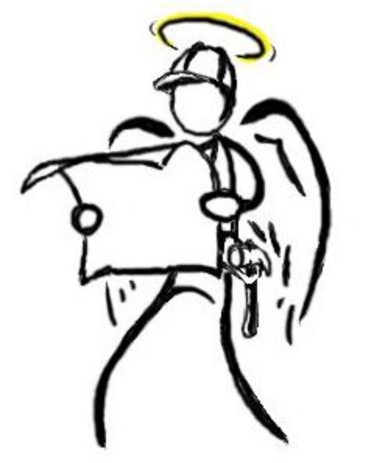 Building Angel logo — an angel wearing a ballcap and halo, holding a blueprint